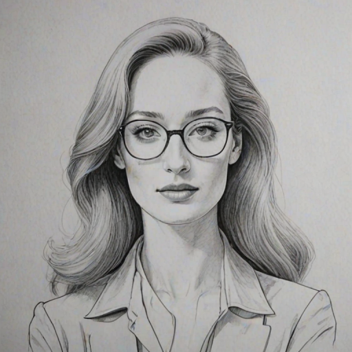 Wonderful Lotte Verbeek, pencil sketch, portrait of Gorgeous woman 1980s in glasses, hair style beatnik, outline, clear lines, fine lines, 8k