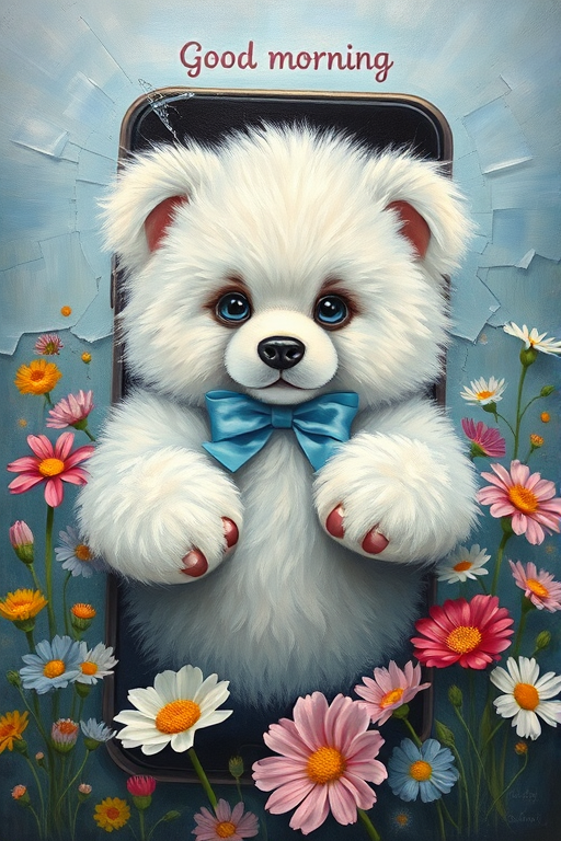 Oil painting of a gorgeous white super long hair new born teddy bear with big blue eyes, cute little blue bow, saying 'good morning' jumping out from a mobile phone monitor, shattered glass, surrounded by colorful flowers