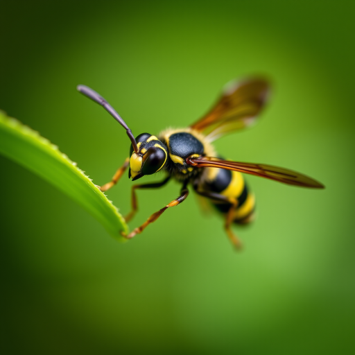 Close-up shot of a hornet hovering near a green leaf, shallow depth of field with a blurry background, 85mm macro lens, aperture f/2.8, shutter speed 1/1000s, ISO 400, taken with a DSLR camera for enhanced detail and clarity.