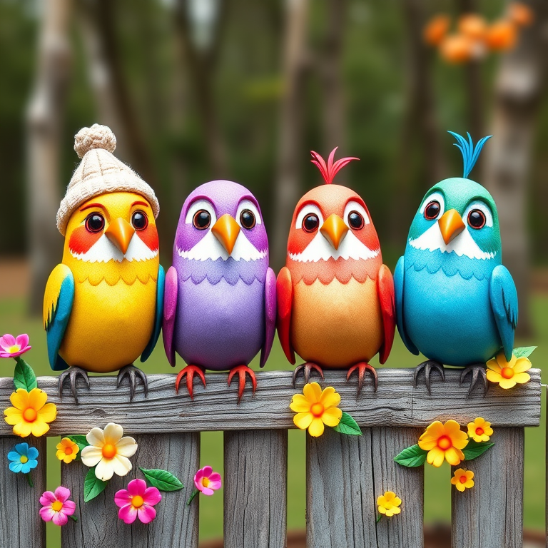 create a scene of 4 quirky  whimsical colourful comical birds each with a funny expression. they are sat on a wooden fence with colourful flowers. they are all different sizes. each one is a different colour  one is wearing a woolly hat. Each one has a different quirky google expression and there is a muted background of trees watercolour paintierly style high definition 8k resolution 3D paper mache