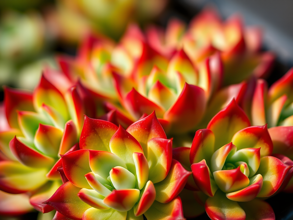 photograph of succulent plants with vibrant green and red edges, shallow depth of field, natural light, 50mm lens, f/2.8, ISO 200, soft bokeh background, macro photography style, DSLR camera