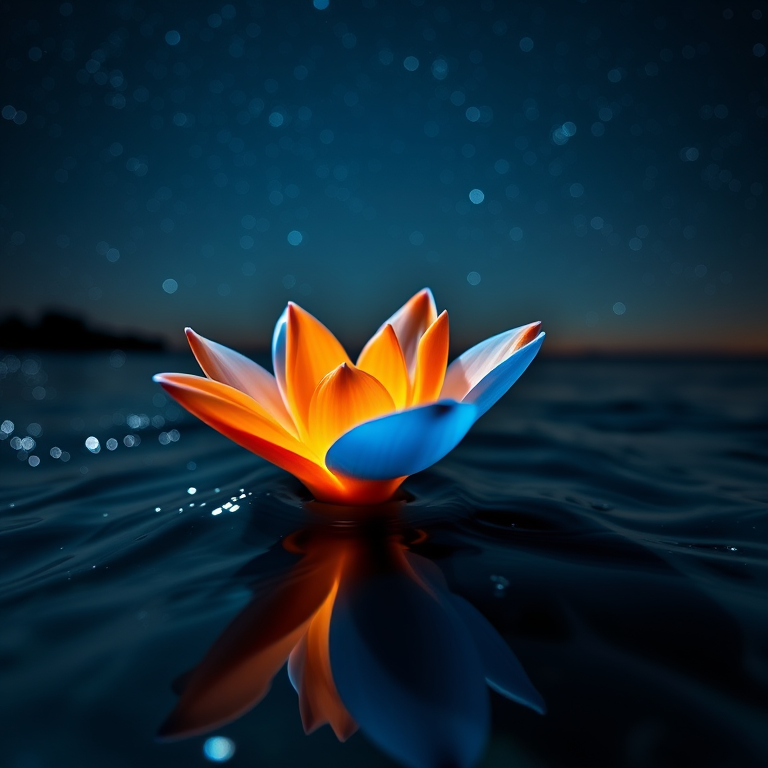 Create a vibrant, glowing blue and orange flower emerging from a shimmering water surface under a starry night sky, 85mm lens, f/2.8 aperture, ISO 200, low angle shot, macro photography.