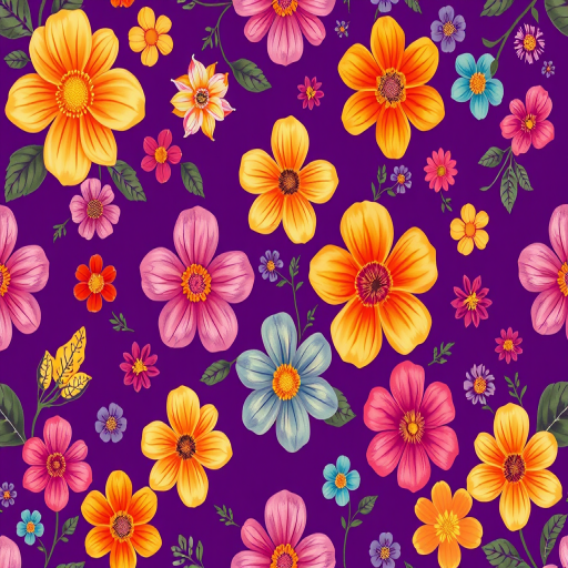 high-resolution illustration of a vibrant floral pattern with multicolored flowers on a deep purple background, 50mm lens, f/8 aperture, ISO 100, top-down view, digital photography style