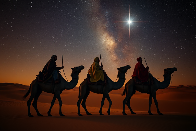 Three wise men riding camels in the desert at night, gazing up at a bright star in the sky with a galaxy backdrop, taken with a DSLR camera at f/2.8, ISO 800, 24mm lens, shot in landscape mode with long exposure for enhanced detail and clarity.