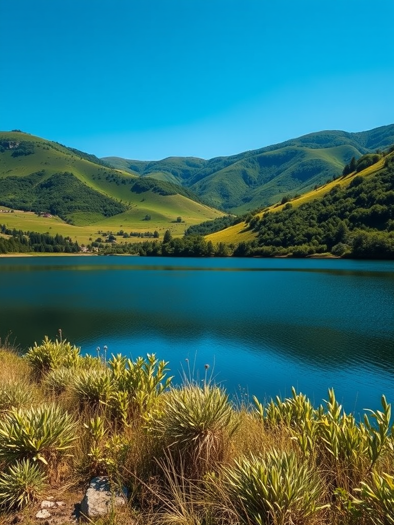 Create a high-resolution image of a serene landscape with lush green hills, a clear blue sky, and a calm lake in the foreground, captured with a Canon EOS R5, 35mm lens, f/11 aperture, ISO 100, 1/200s shutter speed, using a wide-angle view to enhance depth and perspective.