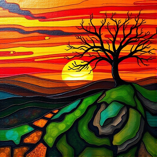 A vibrant abstract painting on Tiffany Glass, blending acrylic and alcohol ink techniques, captures a dramatic sunset over rolling hills. The artwork features a textured, rocky foreground in green and brown, layered abstract hills, and a striking sunset in rich oranges, yellows, and reds. A solitary black tree with intricate branches contrasts against the fiery sky, creating a dynamic and expressive portrayal of a breathtaking natural scene.