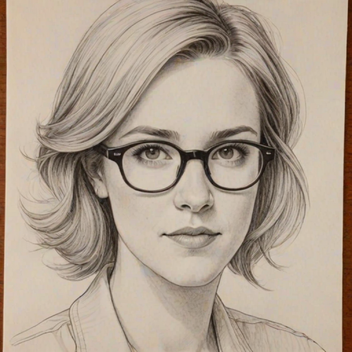Wonderful Hannah Hart, pencil sketch, portrait of Enticing woman 1978s in glasses, hair style beatnik, outline, clear lines, fine lines, 8k