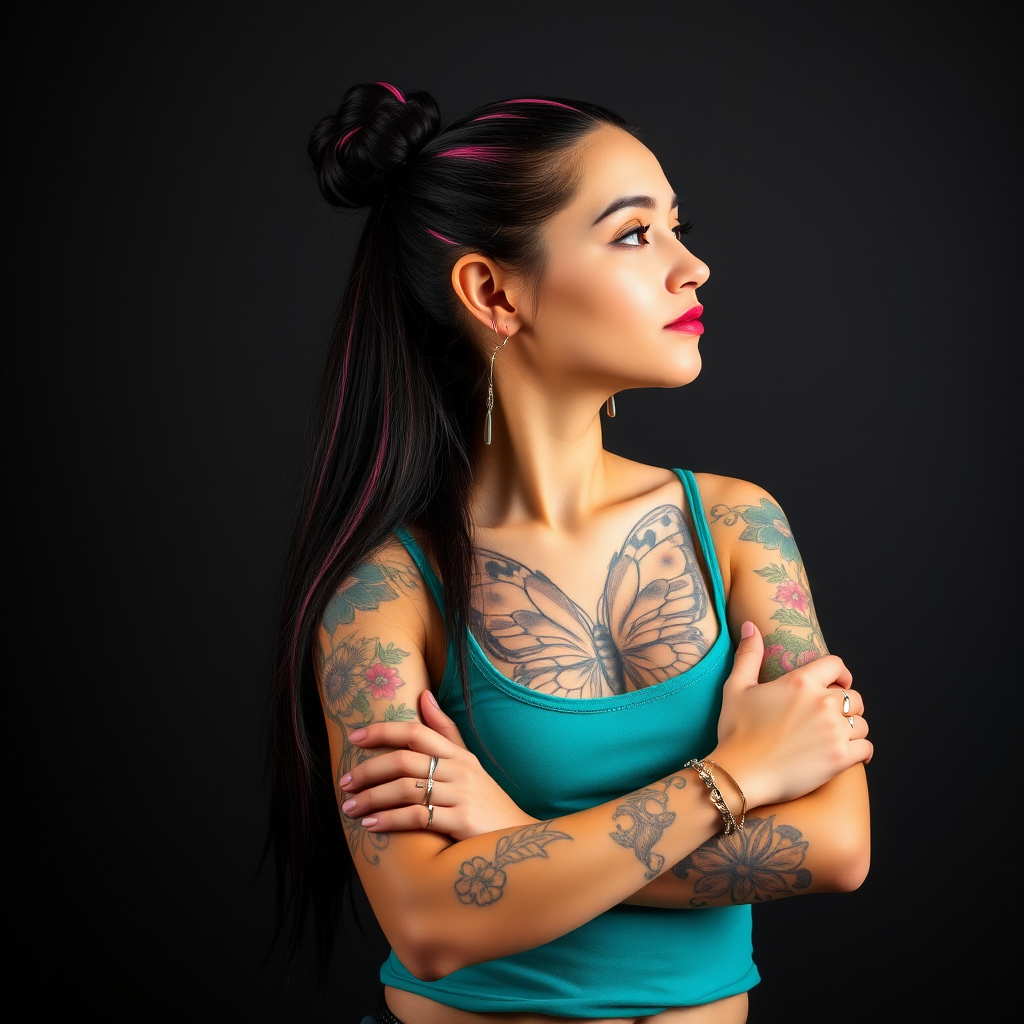 A portrait of a young woman with long dark hair tied up in a bun, with pink streaks, and intricate shaved designs. She is wearing a teal tank top and has a large butterfly tattoo across her chest and multiple colorful floral tattoos on her arms. The woman is looking off to the side, slightly tilted, her right arm is crossed over her chest, and her left hand is resting on her upper arm. The lighting is soft and warm, highlighting the details of the tattoos. The background is a simple, dark gray, providing a neutral backdrop for the subject. The photo has a natural, relaxed feel and a slightly artistic, moody atmosphere.  She is wearing several silver rings and bracelets on her arms, and a pair of long silver dangle earrings with red accents.  Her face is slightly shadowed, giving a soft and alluring feel.  The composition is centered on the woman, who is positioned against a dark background, the emphasis is on her tattoos and the subtle expression on her face.