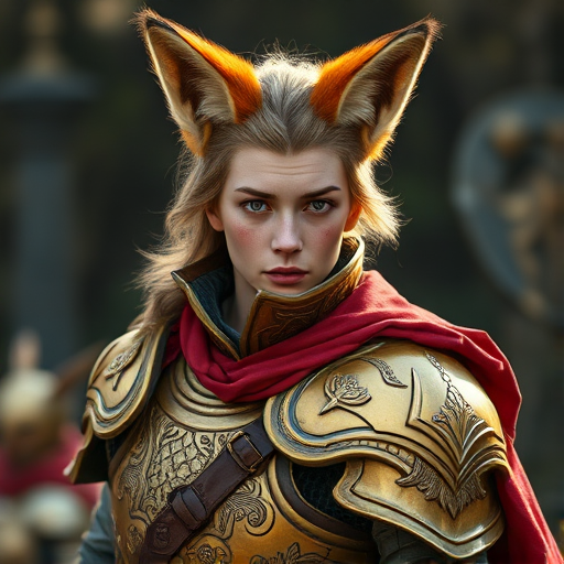 Create a high-resolution fantasy portrait of a warrior with fox ears and a bushy tail, wearing ornate golden armor with a crimson cape, captured with a DSLR camera using a 50mm lens, ISO 100, f/1.8, shallow depth of field, slight vignette, soft natural lighting, and a slightly blurred background to emphasize the character.