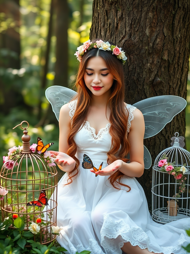 Create an enchanting scene featuring a young woman dressed as a fairy. She is sitting against a tree in a lush forest, wearing a delicate white dress with lace details. Her long hair is adorned with a floral crown, and she has translucent wings. In her hands, she gently holds colorful butterflies. Nearby, there is a small birdcage decorated with flowers. The atmosphere is serene and magical, with soft sunlight filtering through the trees.