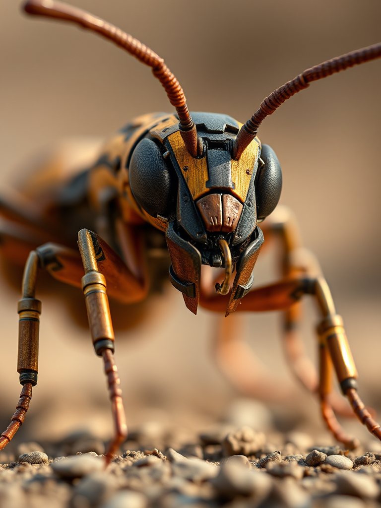 create a hyper-realistic image of a mechanical ant with intricate details featuring a blend of metal and wood materials, captured with a Canon EOS R5 camera, 50mm lens, aperture f/1.8, ISO 200, natural daylight, shallow depth of field, focused on the ant's textures and mechanical components against a blurred background.