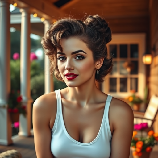 A photo of Marilyn Monroe with a background of a cozy porch. She has dark hair pulled back in an updo, with tendrils framing her face. She wears a white tank top and sits on the porch. The porch is part of a well-lit home with a warm, earthy tone and colorful flowers and foliage. The overall scene has a warm, welcoming, and comfortable ambiance.