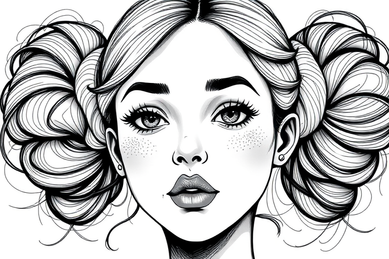 Generate a high-resolution illustration of a woman with two whimsical hair buns, featuring detailed lines and patterns in black and white, using a digital art style with soft shading, shot in a close-up perspective, with a focus on facial features and expression, using a Canon EOS R5, f/8 aperture, ISO 100, and a 50mm lens.