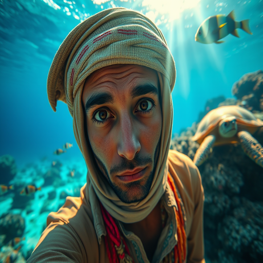 Realistic selfie image of a Sahrawi, wearing a vintage outfit, detailed dreamy eyes, droopy hooded eyes, staring at the camera, taken underwater at coral reef with a sunbeam filtering through the water, vibrant, summer vacation, natural lighting, turtle and school of tropical fish with vibrant colors, rendered in the style of CryEngine, Pegi Nicol MacLeod, with realistic genre scenes, hauntingly beautiful narratives, ultra-realism, and Thomas Saliot's close-up technique, 8K resolution, crystal clear and sparkling water.