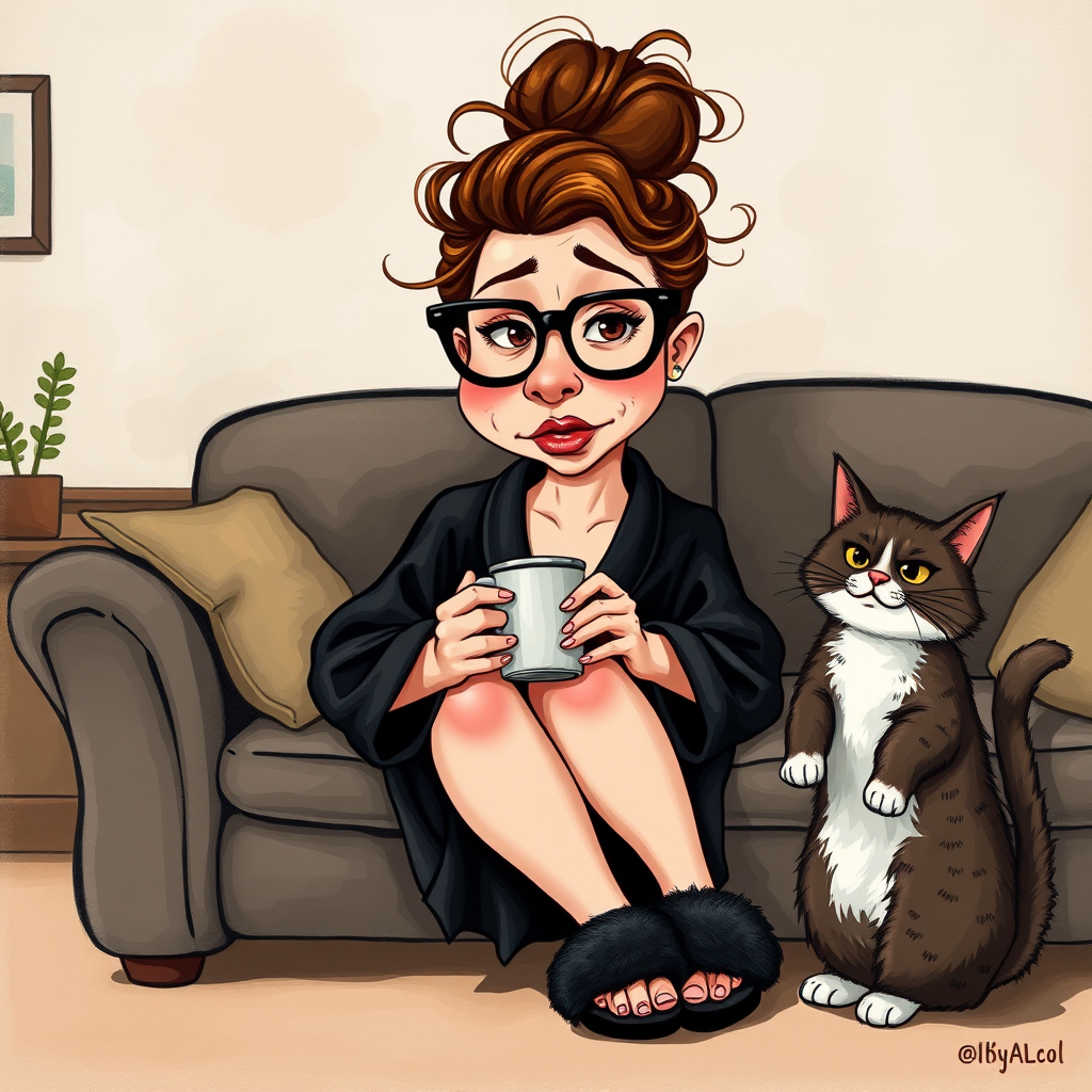 An exaggerated whimsical illustration of a cute silly lady with unruly messy brown bun and black glasses pouty lips and a thinking expression. Shes sitting on the couch, legs folded wearing a black silk robe, black fuzzy slippers. She’s holding her coffee cup and making a deep-in-thought face.  A quirky scruffy cat (dog) looking at her against a mottled, oil painting style soft background living room setting.