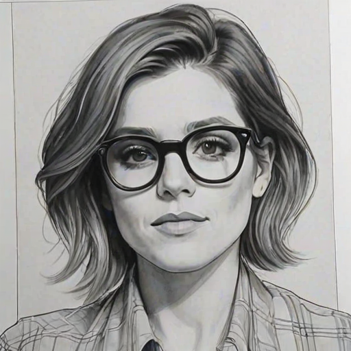Alluring Cameron Esposito, pencil sketch, portrait of Sublime woman 1975s in glasses, hair style beatnik, outline, clear lines, fine lines, 8k