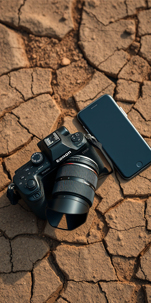 A DSLR camera with a 50mm lens placed on cracked dry soil next to a smartphone, shot from a top-down view with natural lighting, aperture set to f/4, shutter speed 1/250 sec, ISO 100 for high clarity and depth of field.