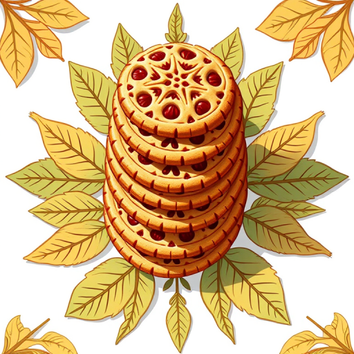 Create a vibrant illustration of stacked cookies with intricate leaf designs around them, using a DSLR camera at f/8 aperture, 50mm lens, ISO 100, in a top-down view with soft natural lighting for enhanced detail and color richness.