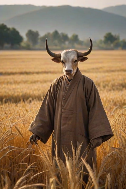 animanflux,This is a surrealistic realistic photography,in traditional Chinese attire, Tang dynasty, In the peaceful fields, an anthropomorphized ox is slowly plowing. The field is illuminated by the sun, golden waves of wheat roll over, and the air is filled with the aroma of earth and crops. Its eyes were gentle and determined, and its face wore a hint of satisfaction, as if it was enjoying the fruits of its labor. Dressed in a brown cloth coat embroidered with farming tools and the pattern of the five grains, it looks simple and industrious, and the hem of the cloth coat swings gently with its steady pace, as if telling the story of the field. In the field, the ears of wheat hang down their heads heavily, and its cloth gently swings with them, the whole scene is full of the joy of harvest.