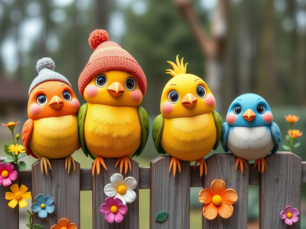 create a scene of 4 quirky  whimsical colourful comical birds each with a funny expression. they are sat on a wooden fence with colourful flowers. they are all different sizes. each one is a different colour  one is wearing a woolly hat. Each one has a different quirky google expression and there is a muted background of trees watercolour paintierly style high definition 8k resolution 3D paper mache