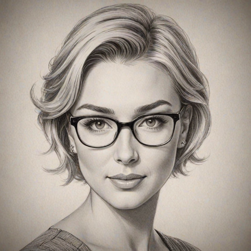 Graceful Chelsea Kane, pencil sketch, portrait of Resplendent woman 1956s in glasses, hair style beatnik, outline, clear lines, fine lines, 8k