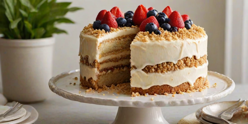 Create an image of a layered cake with a golden crumb topping. The cake should have visible layers of creamy filling and fruit, showcasing its moist texture. The background should feature a soft, natural setting with greenery to enhance the cake's appeal.