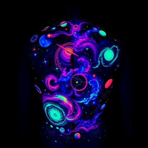 Ethereal UV ink galaxy tattoo spanning the entire back, depicting swirling nebulas, twinkling stars, and distant planets, glowing brilliantly under blacklight for a mesmerizing effect