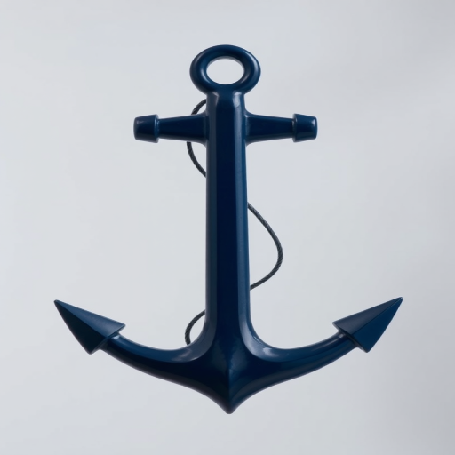 Create a high-resolution image of a navy blue anchor on a transparent background with soft lighting, using a DSLR camera at f/2.8, ISO 100, shutter speed 1/125 sec, shot from a slightly elevated angle to enhance depth.