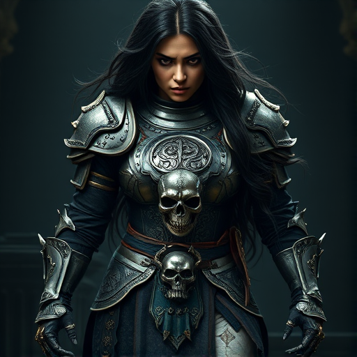 Create a photo of a fierce Middle Eastern female warrior with long black hair, wearing an ornate, metallic armor. The armor includes a breastplate with intricate designs, shoulder guards, and gauntlets. The breastplate is decorated with a central emblem, possibly representing a mythical symbol, and has a sculpted, form-fitting design. She wears a belt with a large skull ornament at the center, and her armor extends into a partial skirt, revealing one leg. The overall look is both protective and stylish, with a dark, gothic aesthetic. The background is dimly lit, suggesting a medieval or fantasy setting, enhancing the warrior's imposing presence and intense expression.