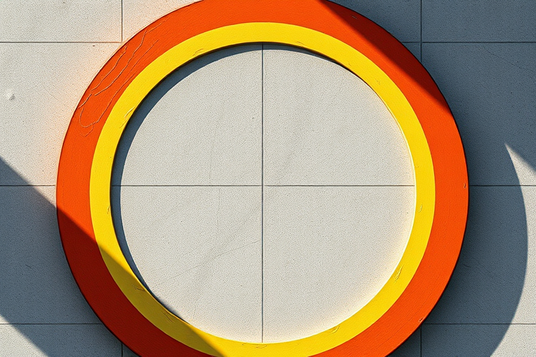 Create a vibrant graphic of a circular design featuring horizontal stripes in yellow, orange, red, and turquoise, with a textured surface and soft shadows, captured with a DSLR camera, 50mm lens, f/2.8 aperture, ISO 100, natural lighting, top-down view for enhanced detail and clarity.