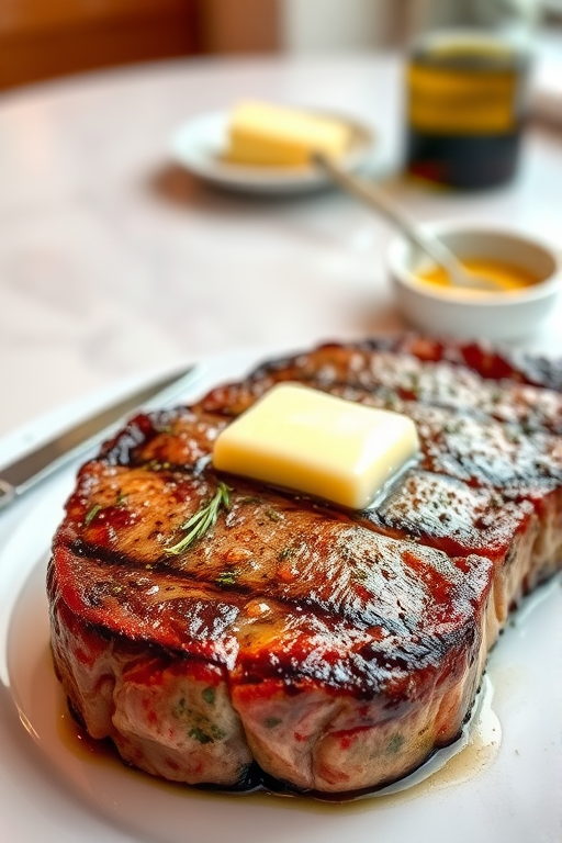 Create an image of a perfectly seared ribeye steak, resting on a white plate with a pat of melting butter on top. The steak is seasoned with fresh herbs like thyme and parsley, with glistening juices highlighting the texture of the meat. The background features a soft focus on a light, marble countertop, with a small dish of butter and an olive oil bottle in the distance. The overall mood should be warm and inviting, capturing the deliciousness and juiciness of the steak.