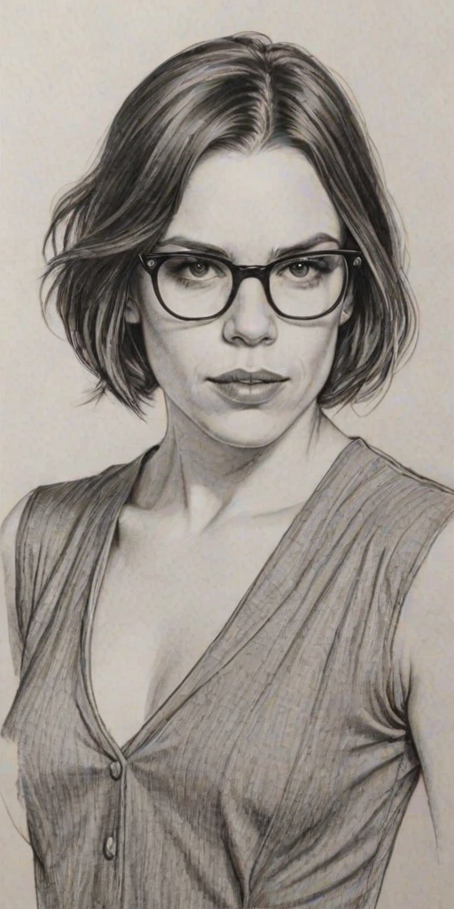 Superb Clea DuVall, pencil sketch, portrait of Alluring woman 1920s in glasses, hair style beatnik, outline, clear lines, fine lines, 8k