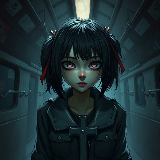 Darkness, horror, creepy, Impressionist Anime painting, metro 2033, disease, mine - type, mass - produced type, cross, slanted eyes, thick coating, twintails, ribbon, black hair, pink eyes, on metro station interior, horror movie atmosphere, dramatic light atmosphere, by Malcolm Liepke, Casey Baugh, jujin ito, and Nick Alm
