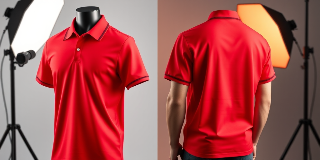 Create a vibrant red polo shirt design displayed from front and back views using a professional camera, focal length 50mm, aperture f/2.8, ISO 100 for clarity and detail, with a soft diffused lighting setup.