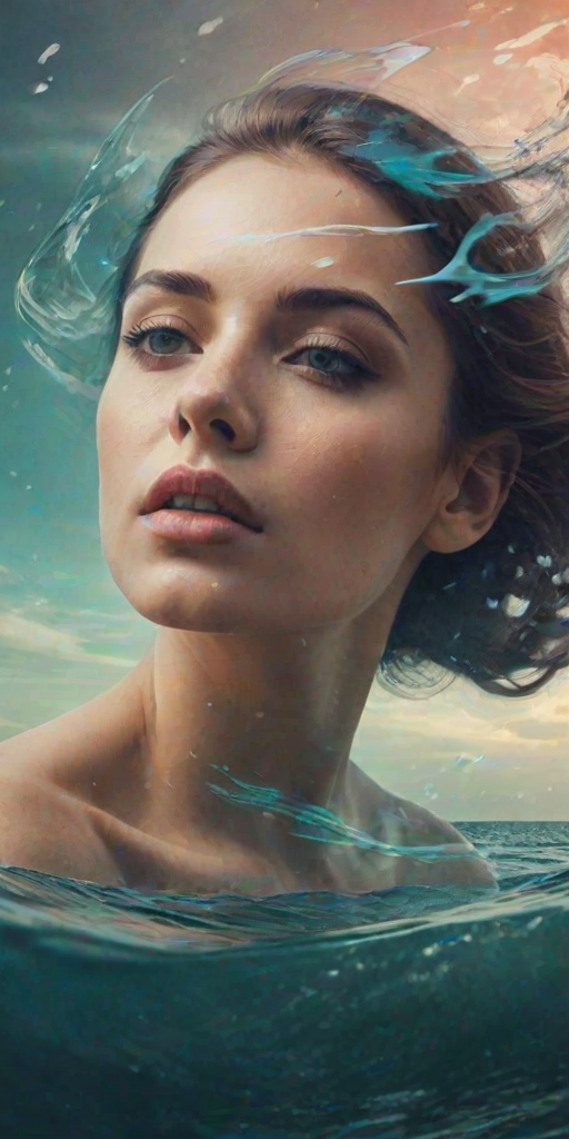 create Book cover, A surreal double exposure portrait that blends a woman's face with a beautiful seascape. The overall mood is dreamy and mystical, with rich colors and intricate details