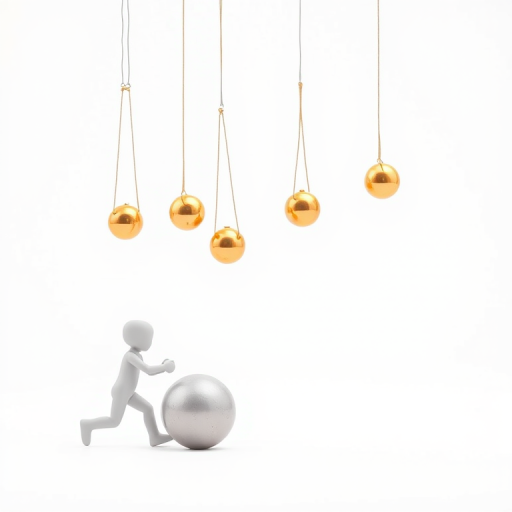 Create an image of a simple figure pulling a silver ball while five swinging golden balls are suspended above it, with a clean white background, captured using a DSLR camera with a 50mm lens at f/2.8, ISO 100, and a shallow depth of field to enhance detail and focus.