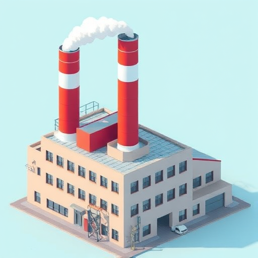 Regenerate the image of a factory building with a smokestack, featuring a clean and modern design, using a wide-angle lens, aperture of f/8, ISO 200, with a focus on vibrant colors and sharp details, in a 3D isometric view.