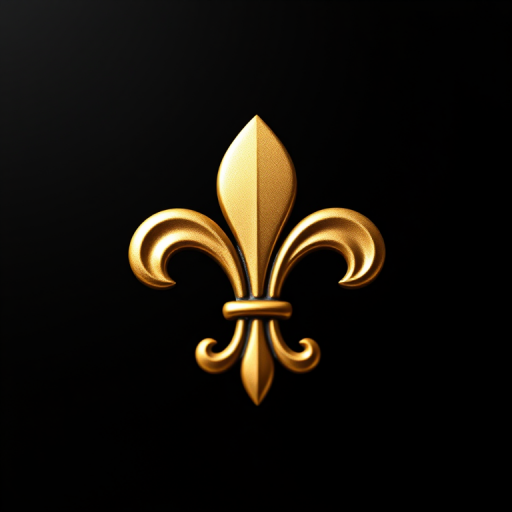 Generate a high-resolution image of a golden fleur-de-lis emblem on a black background, using a DSLR camera with a 50mm lens, f/1.8 aperture, ISO 100, and a low-angle view to accentuate its design and texture.