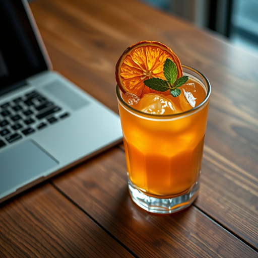 Create a high-quality image of a cocktail with a dried orange slice and mint garnish on a wooden table next to a laptop, captured with a Canon EOS R camera, 50mm lens, aperture f/1.8, ISO 100, natural lighting from the side for a soft focus background.