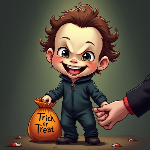 A whimsical caricature of a child version of Michael Myers, grinning mischievously. He is held by the hand of an unrecognizable person (only their hand visible), while holding a bag labeled "Trick or Treat" His facial expression is playful yet slightly menacing, reflecting his iconic figure. The scene is in portrait format with a Halloween theme, featuring exaggerated cartoon details like big eyes, a small body, and a creepy yet light-hearted tone.