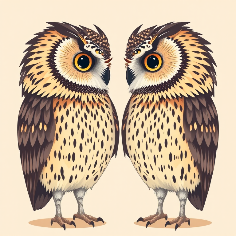 Create a detailed illustration of two stylized owls facing each other, emphasizing intricate feather patterns and large expressive eyes, using a flat design style with a soft pastel background, shot with a Canon EOS R5 at f/8, ISO 100, 50mm lens, front view, to enhance color vibrancy and detail.