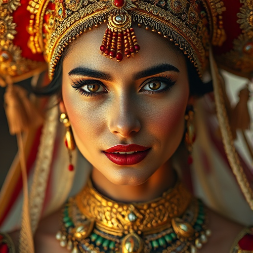 Regenerate the image of a finely detailed woman adorned with intricate jewelry and a lavish headdress, captured with a Canon EOS R5, 50mm lens, f/1.8 aperture, natural light, soft focus style, high resolution.