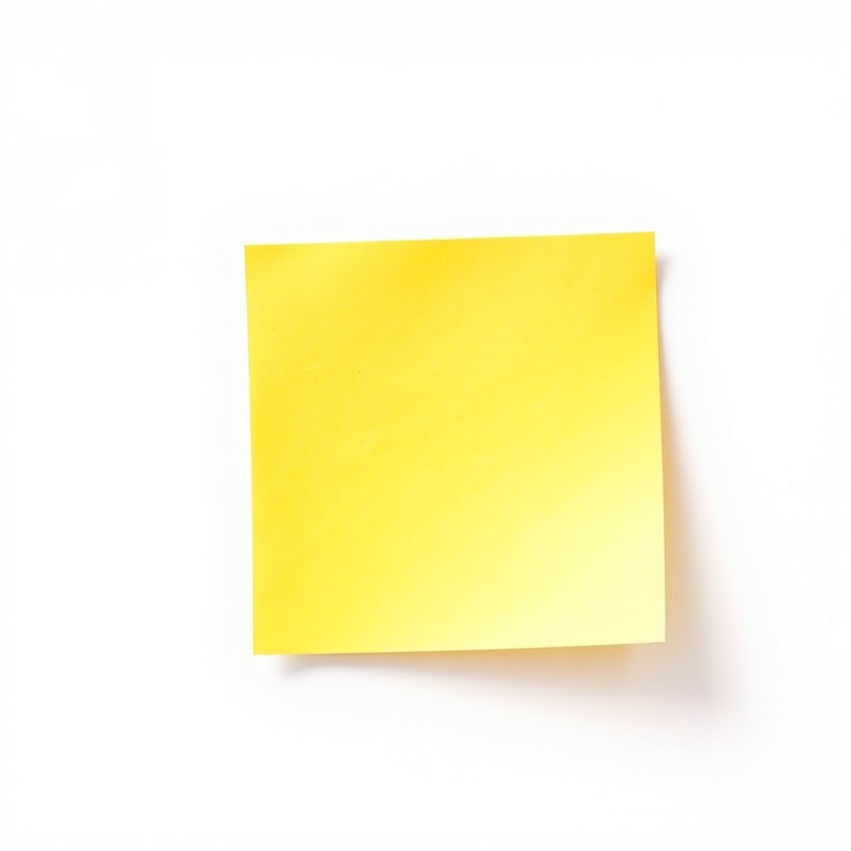 Create a bright yellow sticky note on a white background, captured with a DSLR camera at f/2.8 aperture, ISO 100, 50mm lens, using a soft diffuse lighting setup and a top-down view for enhanced clarity and vibrancy.