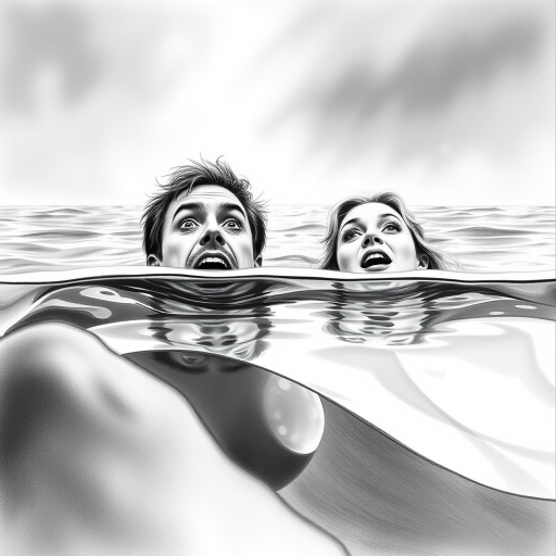 A hyperdetailed photorealistic black and white pencil sketch recreating the iconic scene at the end of Titanic with Jack and Rose floating in the water, only show them making exaggerated funny faces at the camera. Show Rose spitting water at the camera.