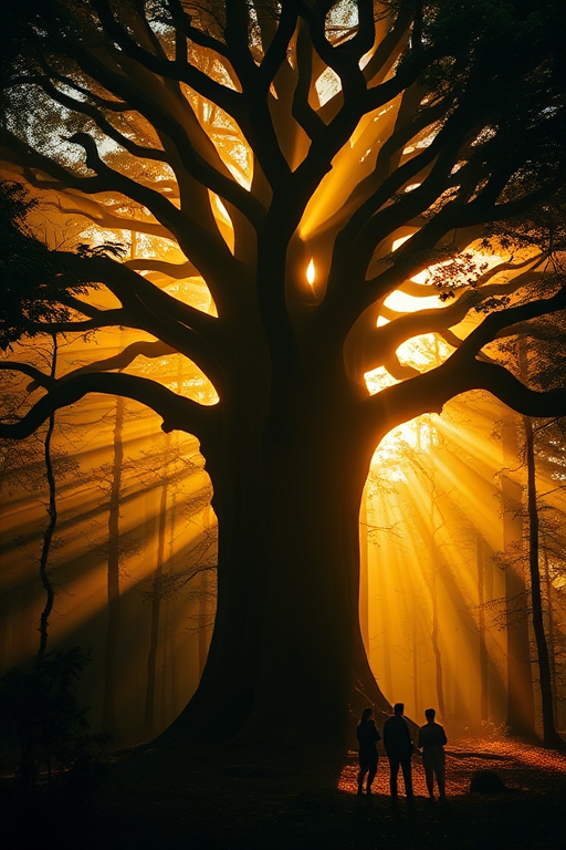 A magical ancient tree radiating golden light in a mystical forest with silhouettes of people in the foreground, shot with a Canon EOS R5 at f/2.8, ISO 100, 24mm, under soft morning light to enhance detail and depth.