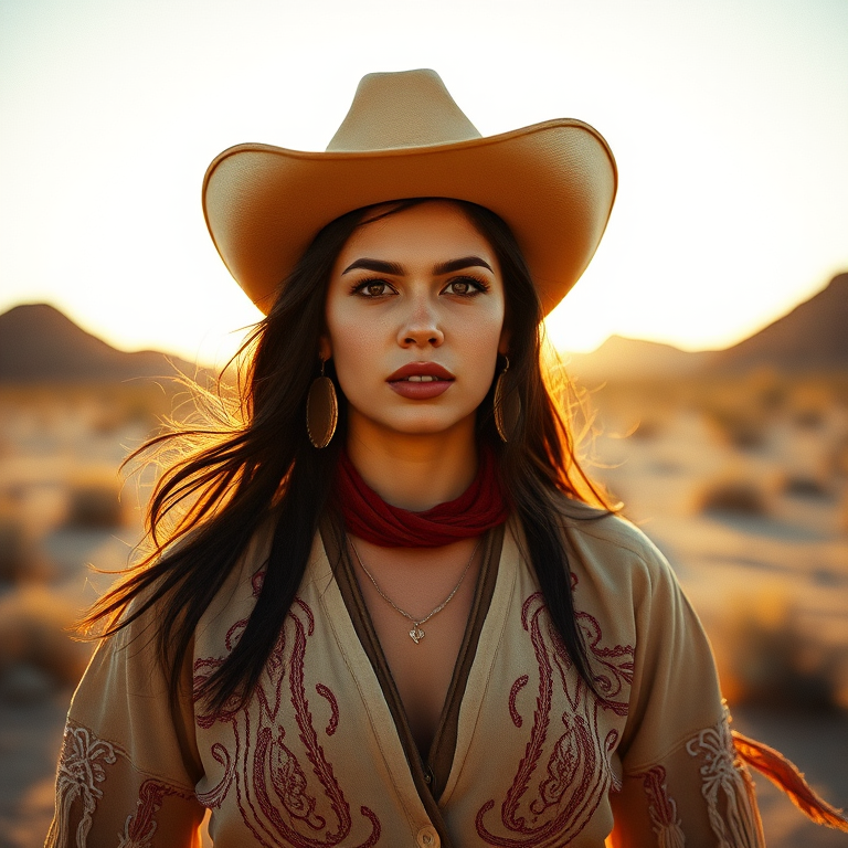 Dramatic photo of a beautiful taino woman, classic cowboy attire, confident and free spirit expression, half-length portrait, centered, golden hour desert landscape, warm, diffused light, low angle, medium format film camera, in style of Annie Leibovitz.