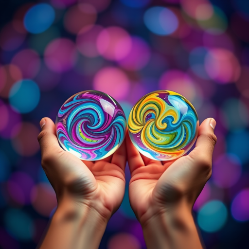 Create an image of two hands holding crystal spheres with colorful swirls inside, set against a soft bokeh background of vibrant colors, using a Canon EOS R with an f/2.8 aperture, ISO 100, and a 50mm lens to enhance depth of field and sharpness.