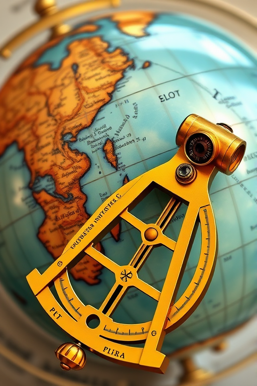 Create a detailed illustration of a globe with a golden sextant in the foreground, using a DSLR camera with a 50mm lens, aperture set to f/2.8, ISO 100, and natural lighting to enhance clarity and color vibrancy.