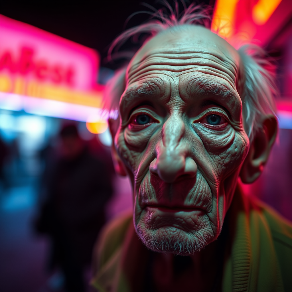 create a close-up perspective view fine art photography contemporary style of an elderly worn albino’s face with a soft, candid expression on a blurred sky black light background.Showcasing a modern style characterized by vibrant blacklight tones, using dramatic lighting and soft gradients to create a fine art atmosphere. The focus is on the light and facial features. motion light blur, neon backlit