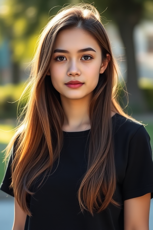 Portrait of a young woman with long hair wearing a black t-shirt, standing outdoors in soft sunlight, f/1.8 aperture, 50mm lens, ISO 100, shallow depth of field, natural lighting, full body shot.